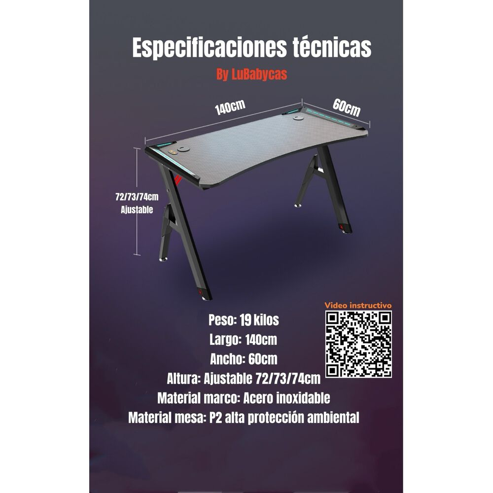Escritorio Gamer Con Luces 140x60x73cm Negro By Lubabycas image number 10.0