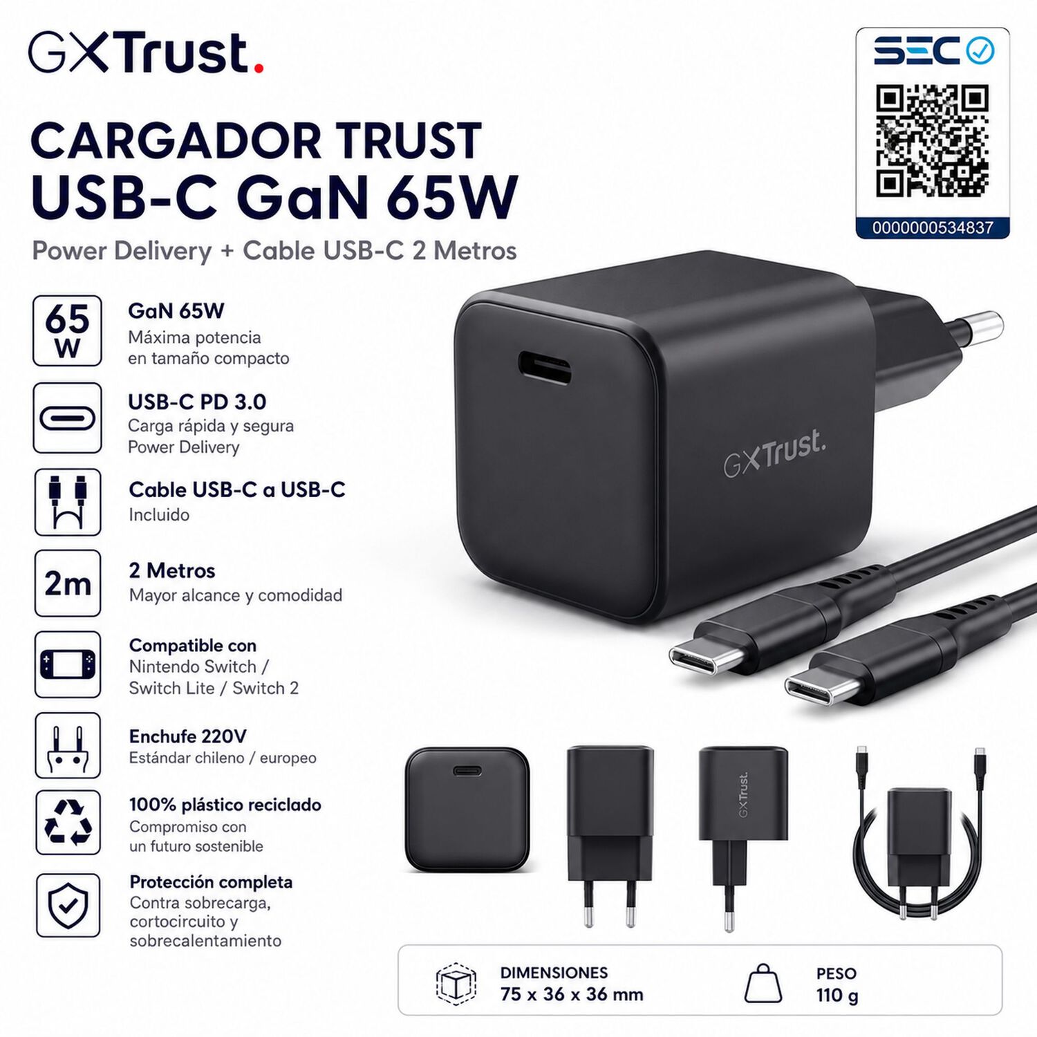 Cargador Trust Usb-c Gan 65w Pd Con Cable Usb-c 2mt Gxt 1258 image number 7.0