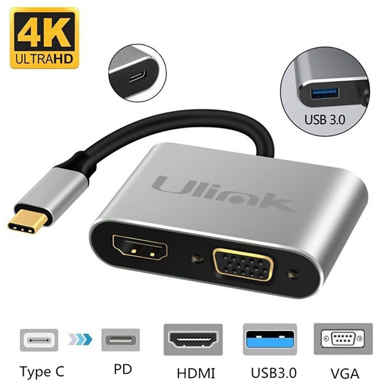 Hub Adaptador 4 En 1 Type-c A Hdmi 4k + Vga + Usb 3.0+ Usb C image number 4.0