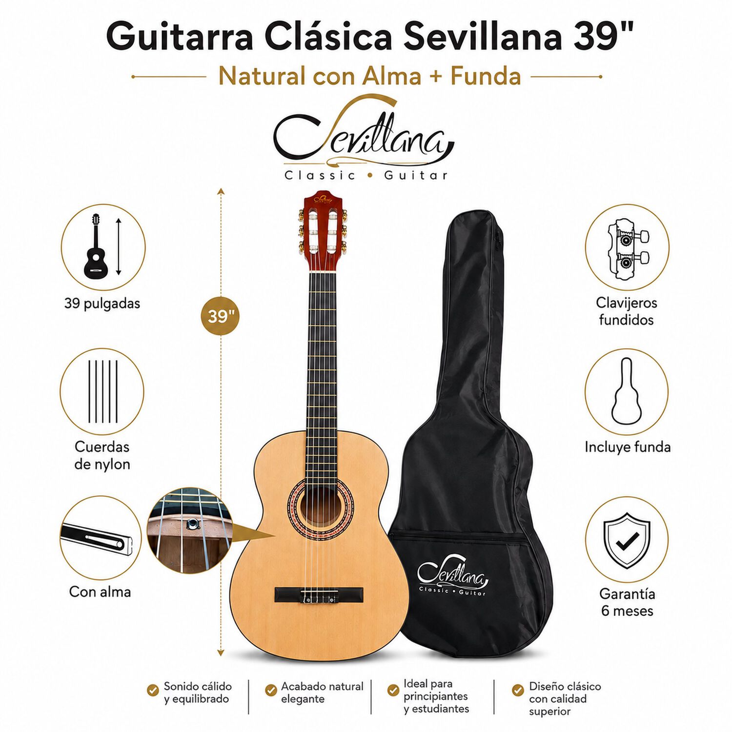 Guitarra Cl&aacute;sica Sevillana 39&rdquo; Natural Con Alma + Funda 8446 image number 6.0