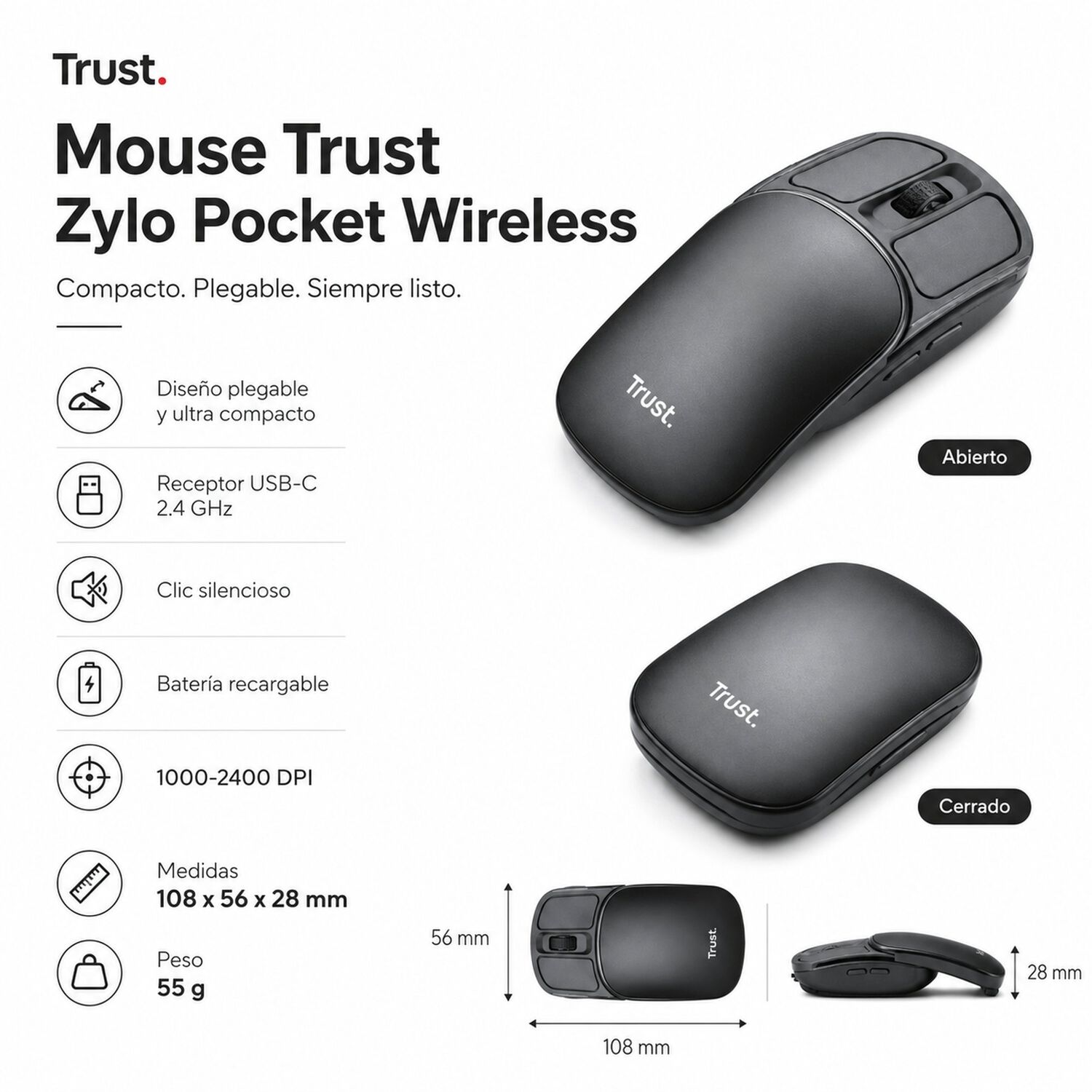Mouse Inal&aacute;mbrico Trust Zylo Plegable Ultra Compacto Usb-c 2g image number 6.0