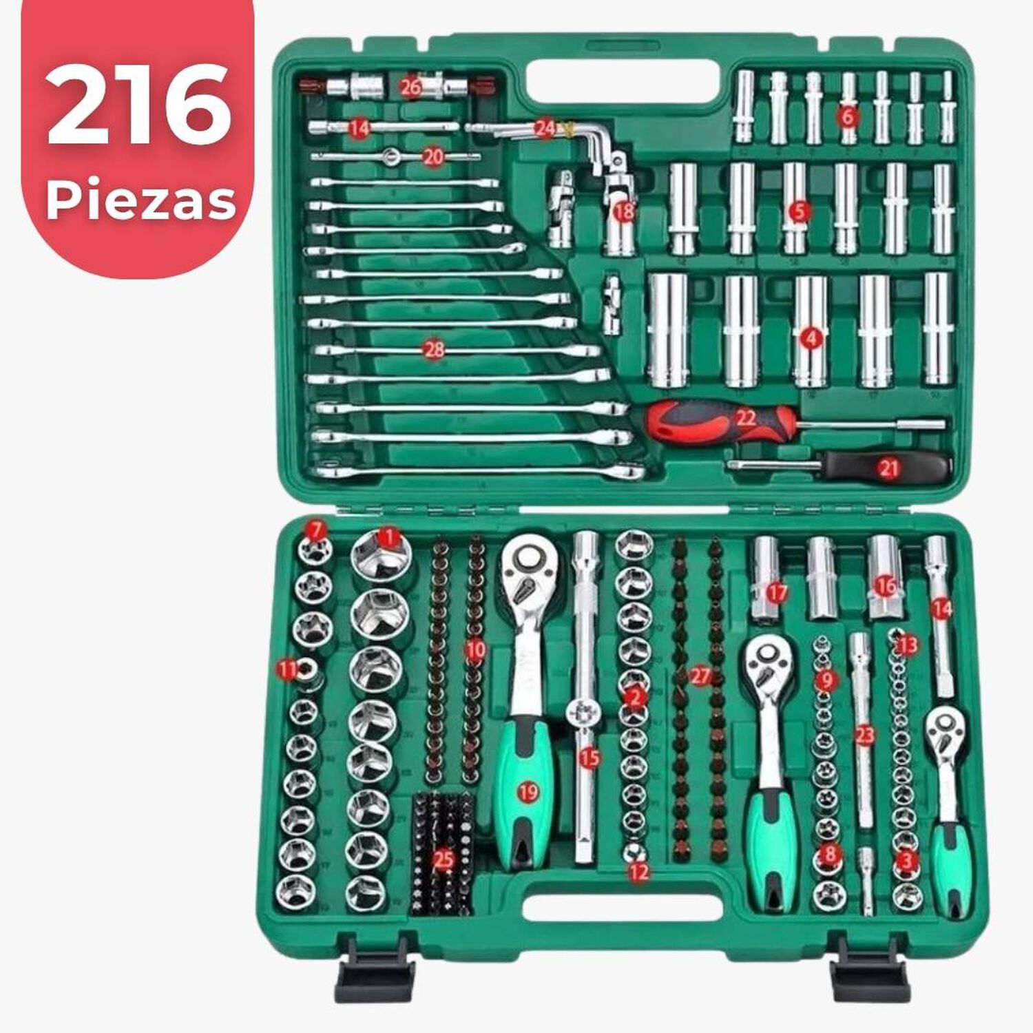 Set Caja De Herramientas 216 Piezas Dados Y Llaves Acero Cromo image number 0.0
