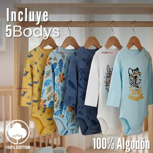 Pack 5 Bodys Manga Larga 100% Algod&oacute;n Beb&eacute; Ni&ntilde;o Wild Tiger