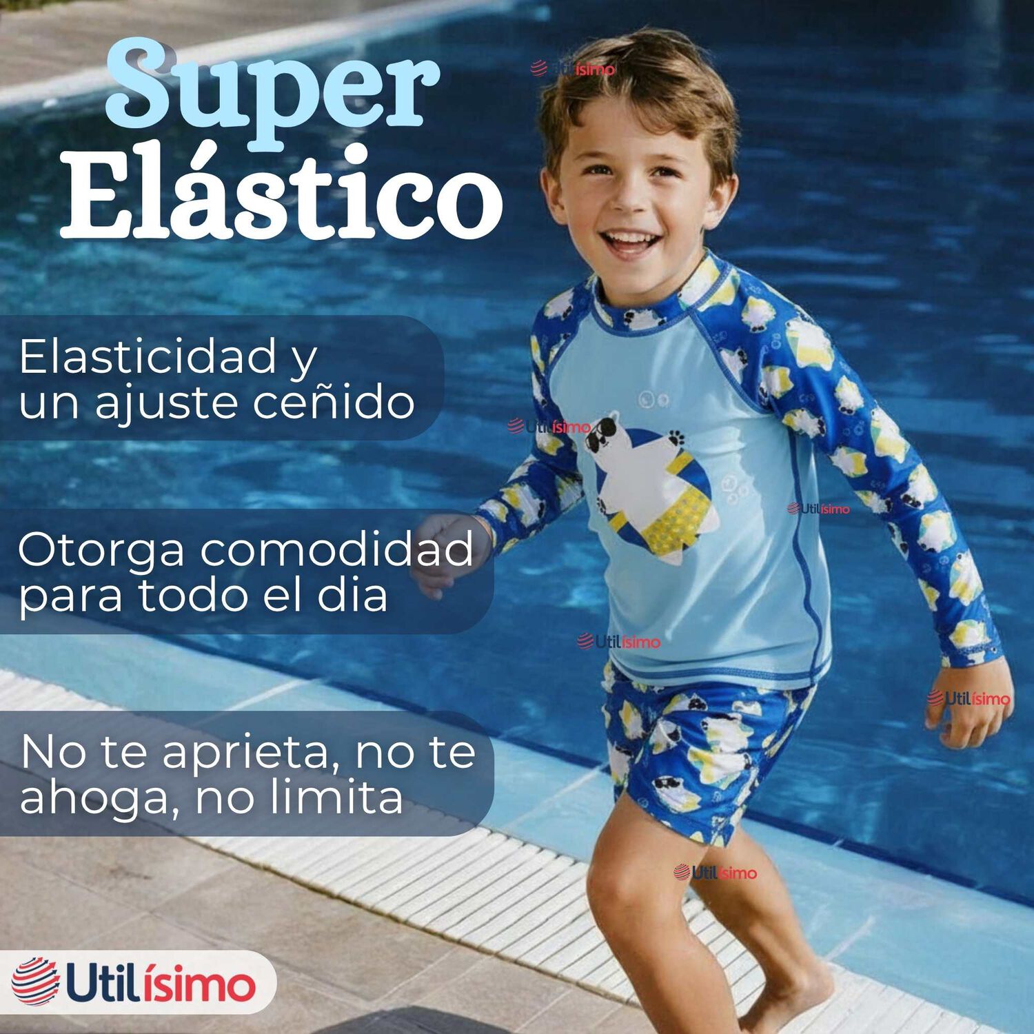 Traje De Ba&ntilde;o Manga Larga Pantal&oacute;n Corto 2 Piezas Corte Split Ni&ntilde;o 3 A 9 A&ntilde;os Blue Polar Bear image number 3.0