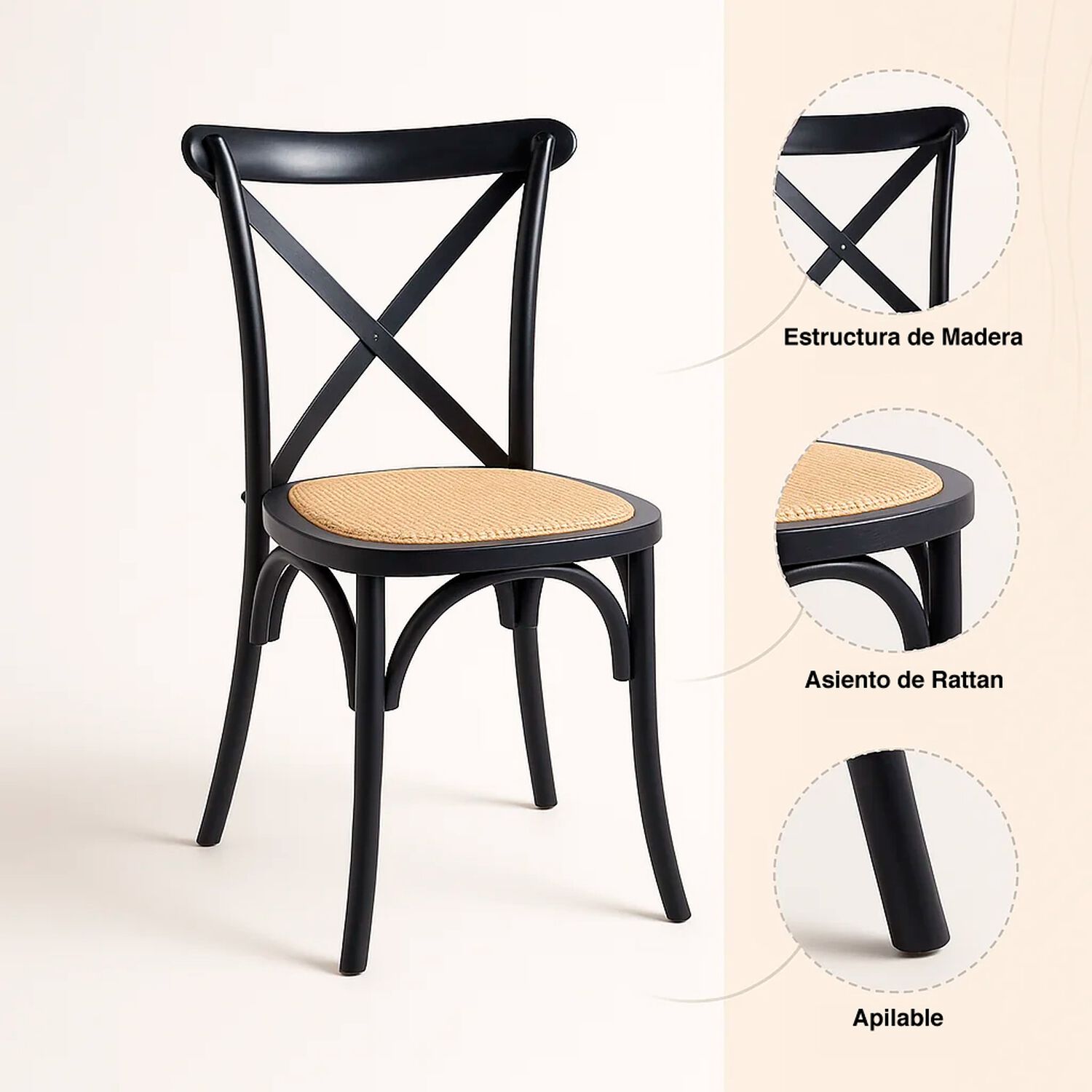 Pack De 4 Sillas Crossback Madera Rattan Negras image number 4.0