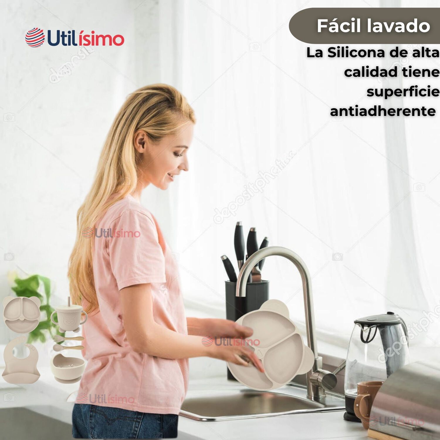 Set De Alimentaci&oacute;n Beb&eacute; Silicona De Oso 6 Piezas Libre Bpa Color Beige image number 8.0