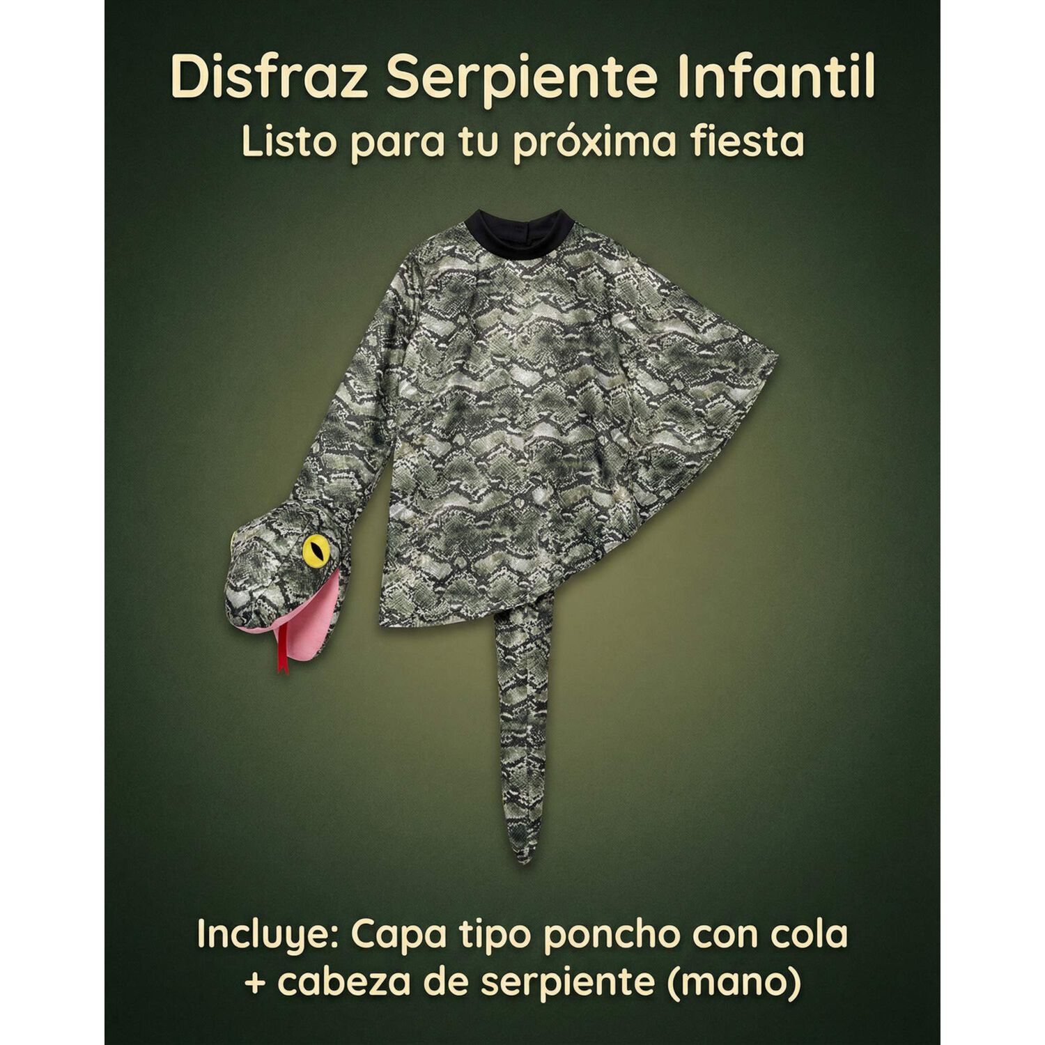 Disfraz Anaconda Infantil Tipo Capa Con Cabeza De Serpiente, Para Fiestas Y Cosplay image number 2.0