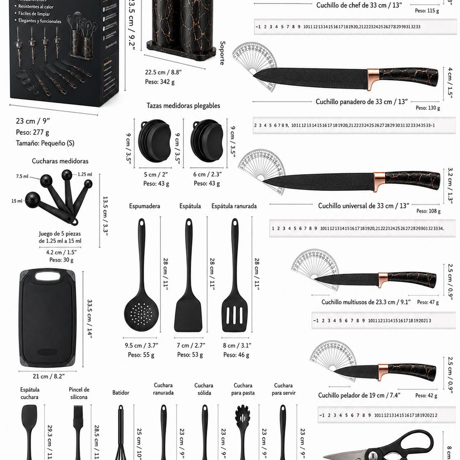 Set Utensilios De Cocina 25 Piezas Marmoleado Negro Dorado image number 7.0