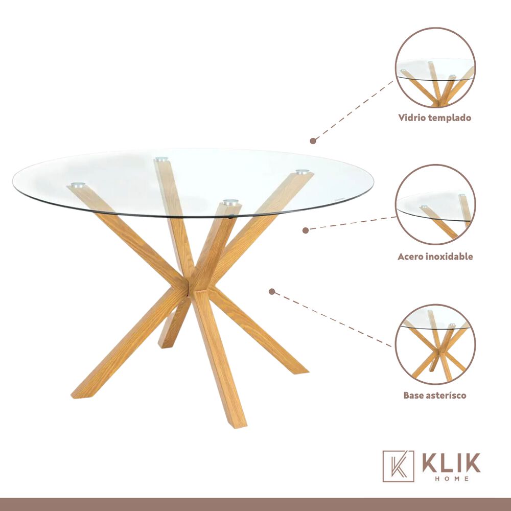 Comedor Mesa Redonda De Vidrio Cross 120cm + 5 Sillas Wishbone Madera image number 3.0