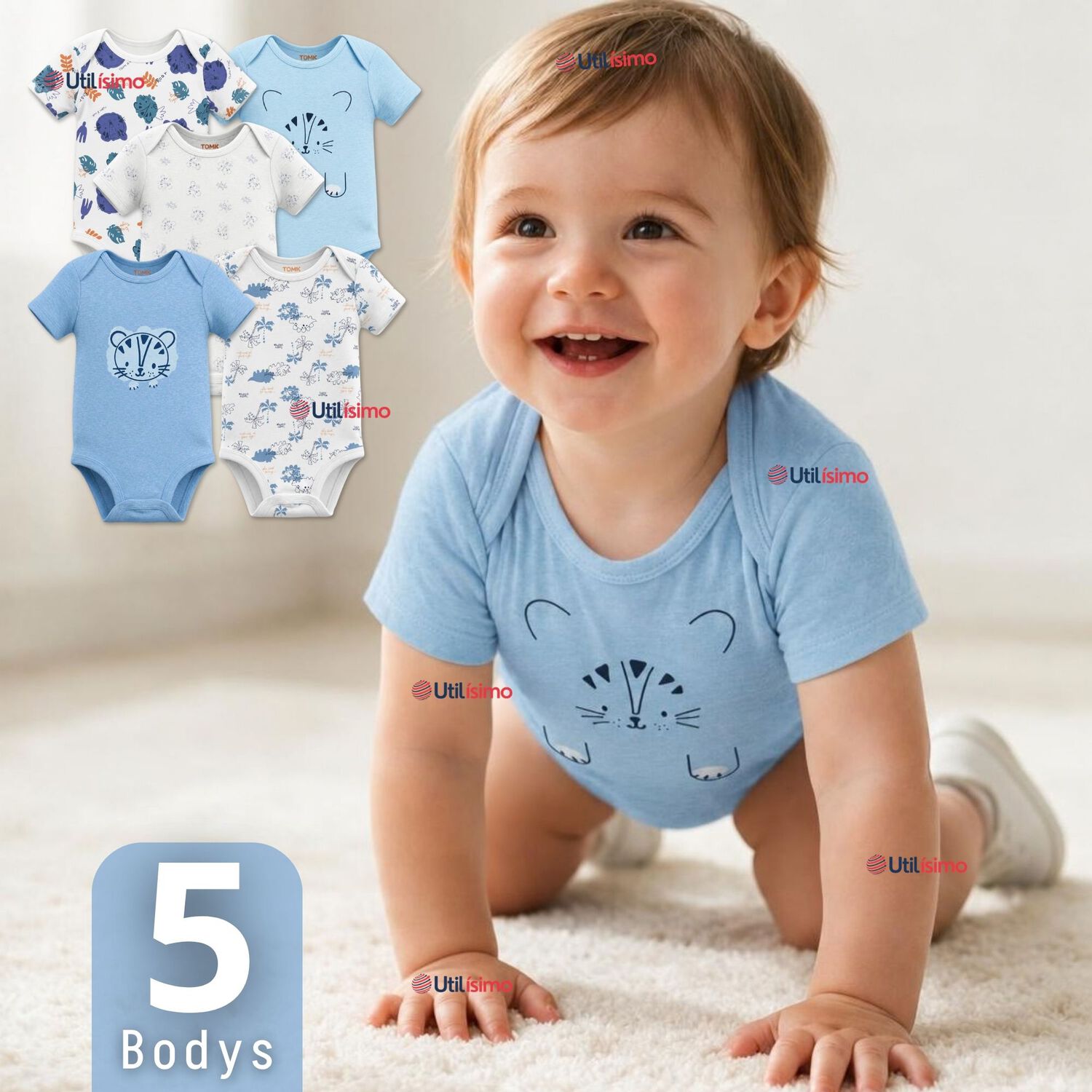 Pack 5 Bodys Manga Corta 100% Algod&oacute;n Tedmimak Ni&ntilde;o Blue Jungle image number 0.0