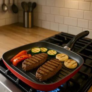 Sarten Asador Grill Bifera Antiadherente 27 Cm Acero Vitrificado Apto Para Todo Tipo De Fuego Coral Magefesa
