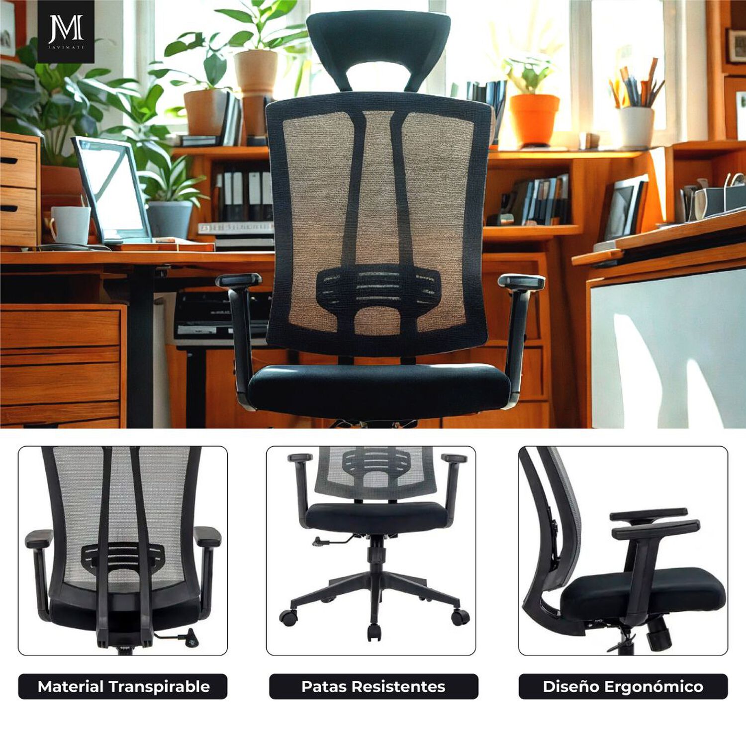Silla De Oficina Ergonomica Pro Apoyacabeza Javimate Color Negro image number 5.0