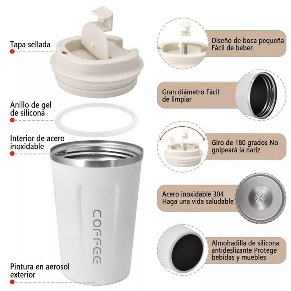 Vaso Termico Port&aacute;til De Doble Capa De Acero Inoxidable Caf&eacute; Blanco image number 3.0