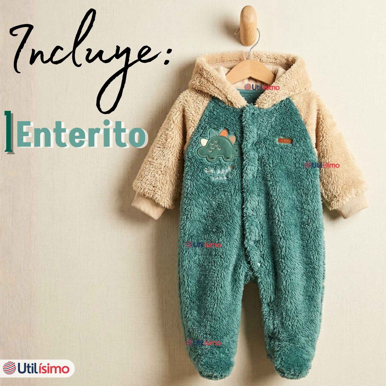 Enterito Con Capucha Tela Plush Verde Dinosaurio Beb&eacute; Ni&ntilde;o image number 1.0