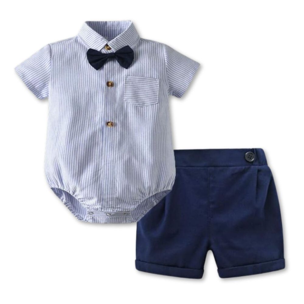 Conjunto De Vestir Niño Body Estilo Camisa Y Pantalón Corto 6 A 24 Meses Rayas Azules image number 0.0