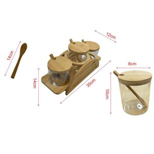 Set 3 Frascos Para Condimentos Vidrio Tapa Bambu Con Soporte