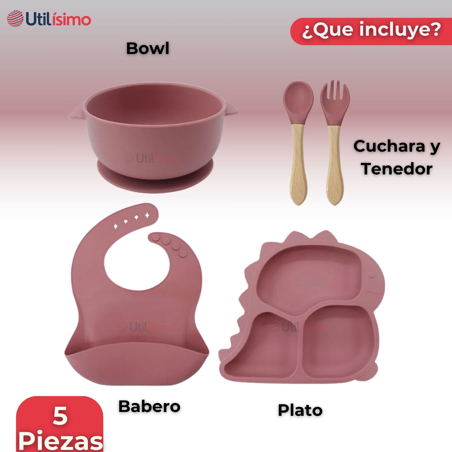 Set Alimentaci&oacute;n Silicona Beb&eacute; 5 Piezas Dinosaurio Libre Bpa Color Rosa Oscuro image number 4.0