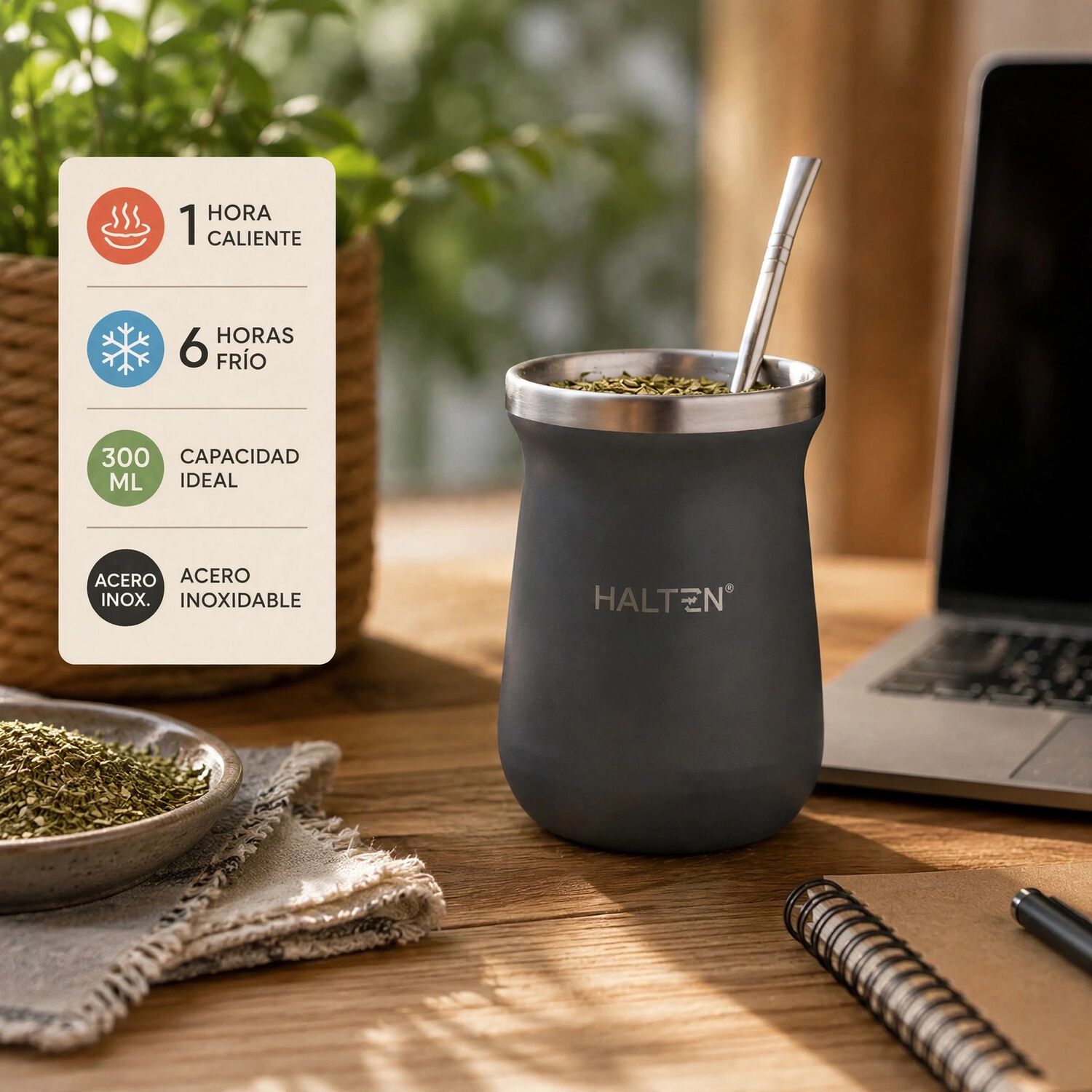 Mate T&eacute;rmico De Acero Inoxidable 300 Ml Con Bombilla Conserva Calor 1 Hora Y Fr&iacute;o 6 Horas Color Gris image number 2.0
