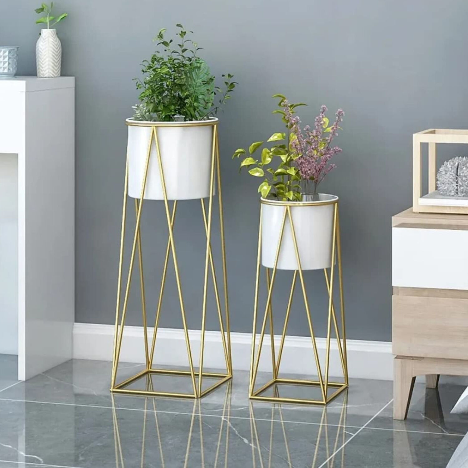 Set 2 Porta Maceteros Pedestal Maceta Plantas Blanco Dorados image number 2.0