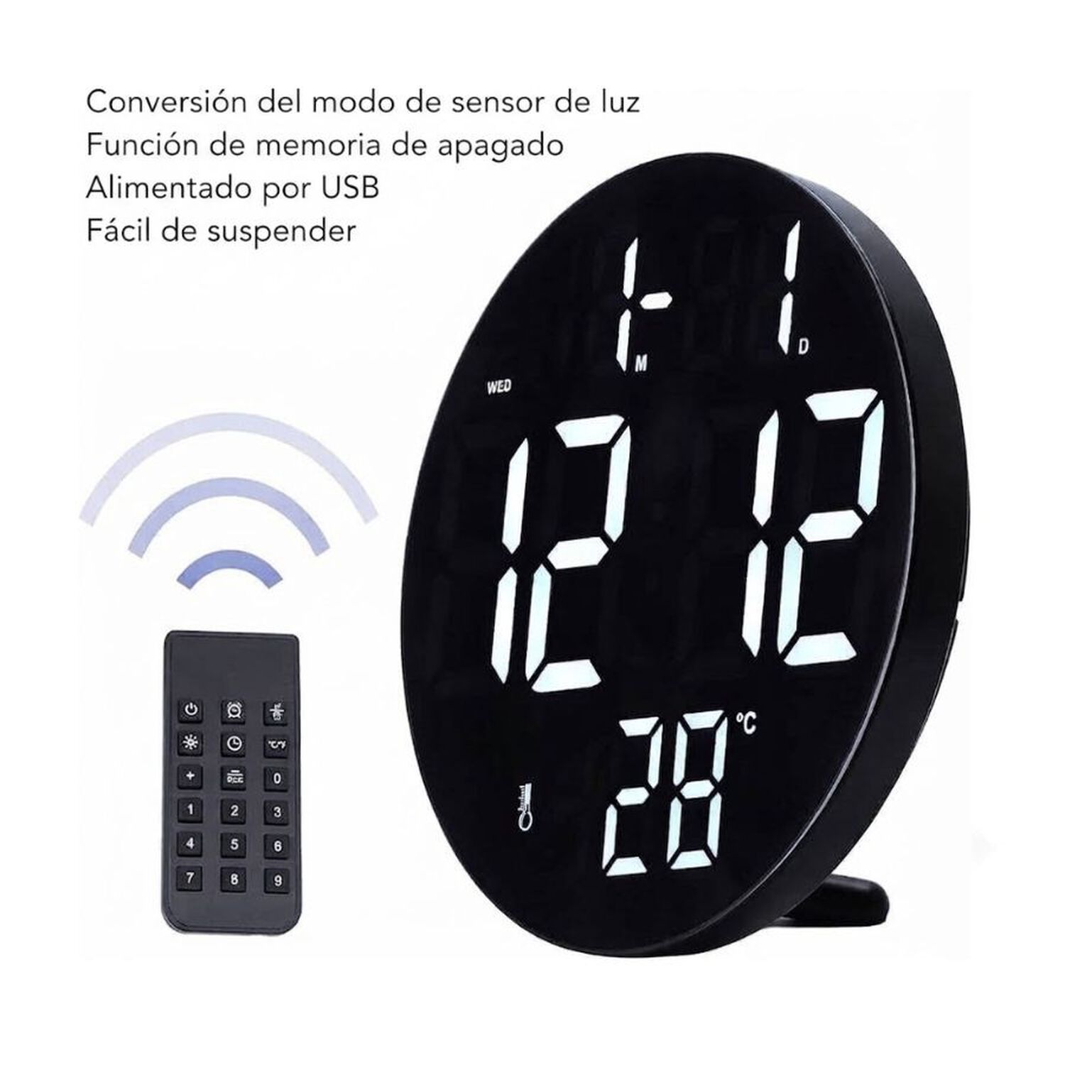 Reloj Digital Pared Redondo Led Con Alarma Y Temperatura image number 2.0