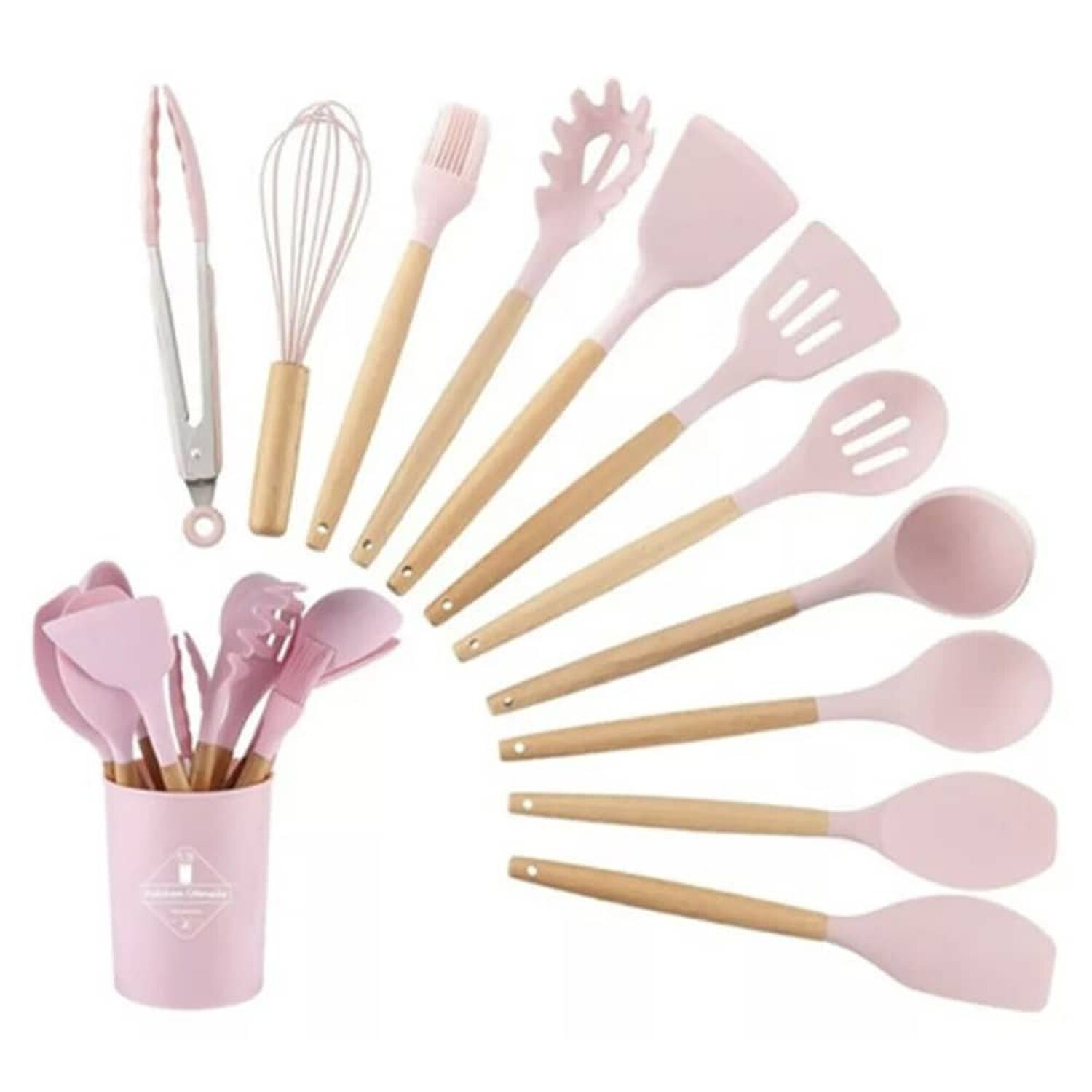 Set 12 Utensilios Cocina Mango Silicona Y Madera Reposter&iacute;a Rosa image number 0.0