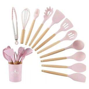 Set 12 Utensilios Cocina Mango Silicona Y Madera Reposter&iacute;a Rosa