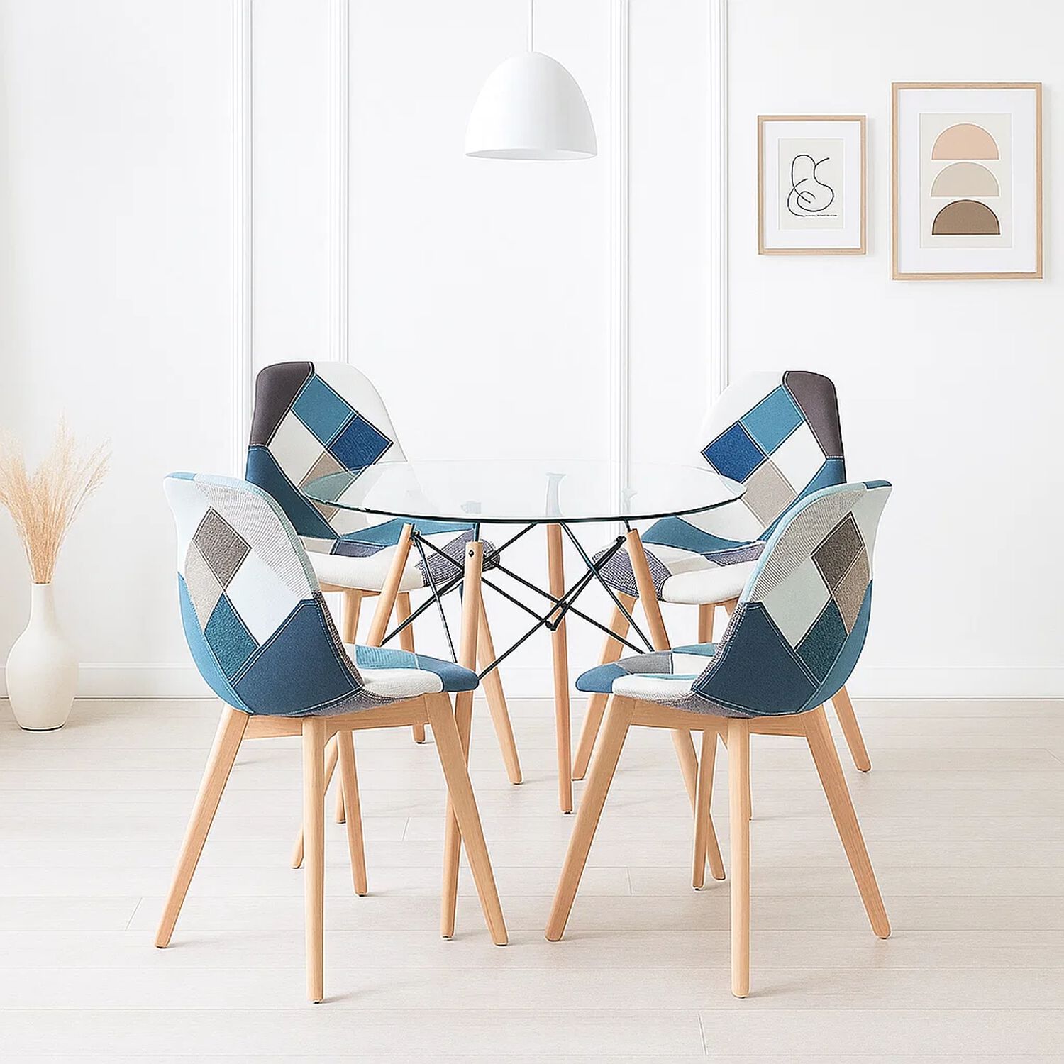 Comedor Mesa Eames Redonda Vidrio 80cm + 4 Sillas Eames Patchwork Tela Wood Celeste image number 1.0