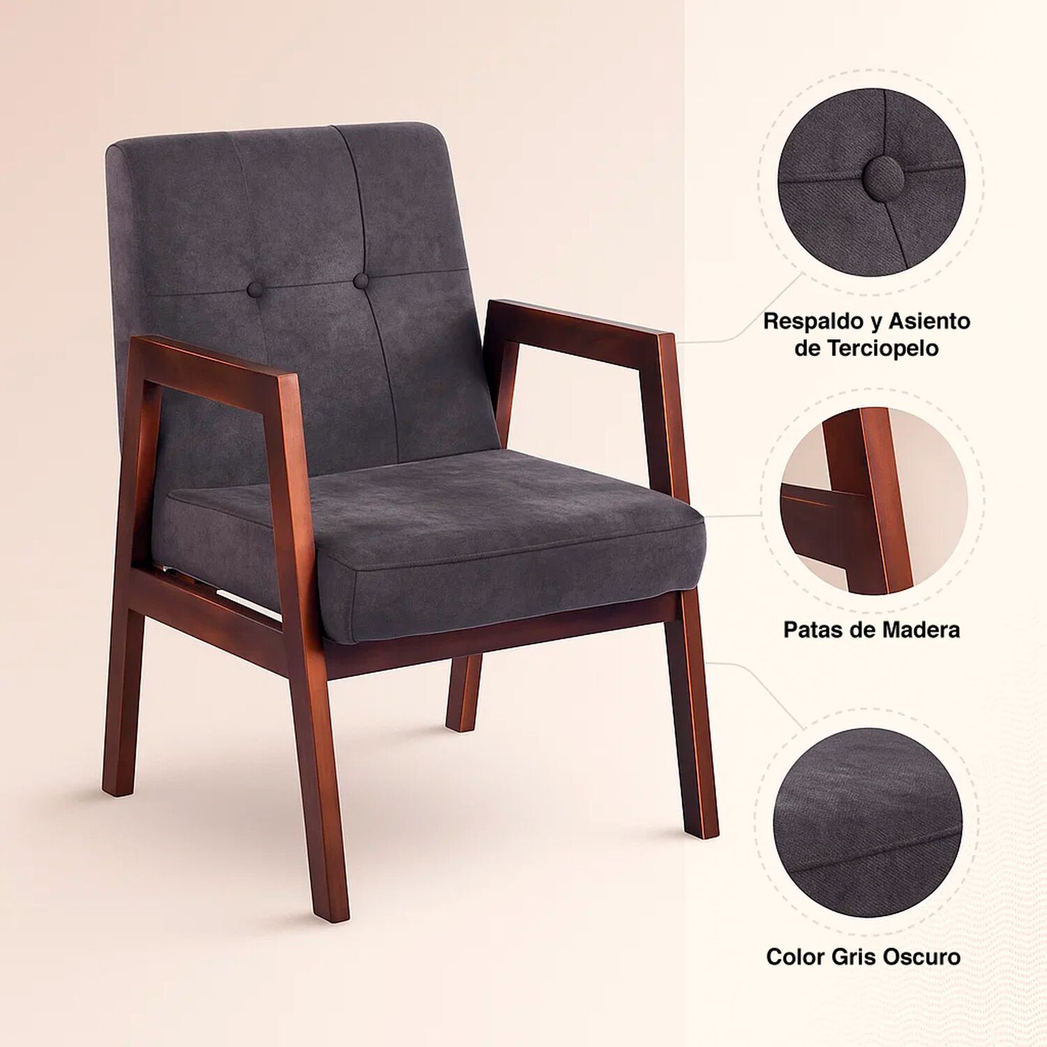 Sill&oacute;n Marlow De Terciopelo - Gris Oscuro image number 4.0
