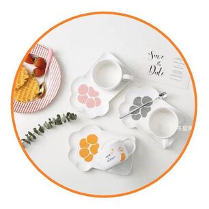 Set Cer&aacute;mica Gatito Plato Con Taza Y Cuchara Garra Patita