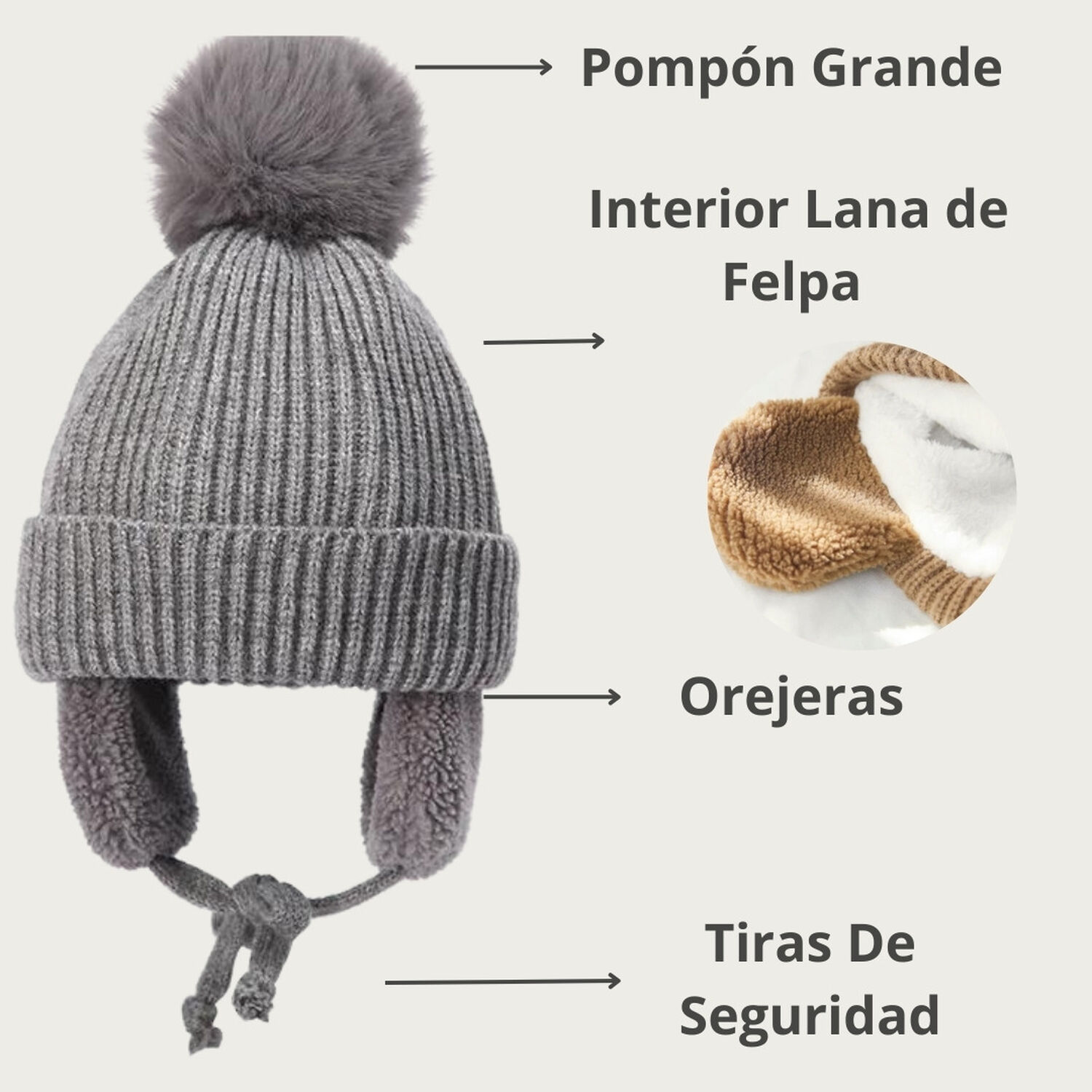 Gorro De Invierno Para Ni&ntilde;os Con Pomp&oacute;n Orejeras Felpa 45 Cm image number 3.0