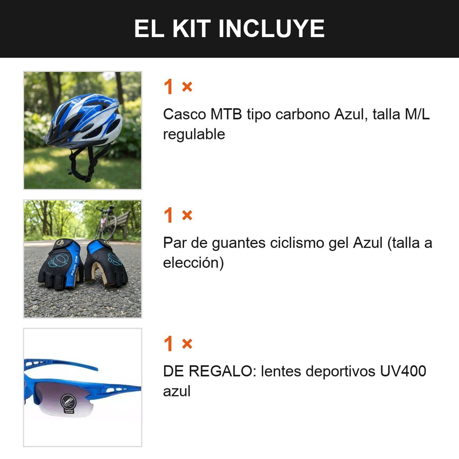 Kit Ciclista Casco Mtb Azul + Guantes Gel Dedos Cortos Azul Xl image number 1.0