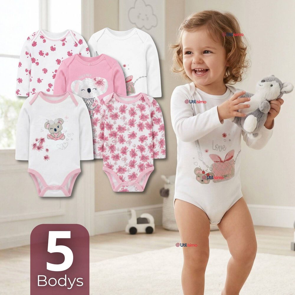 Pack 5 Bodys Manga Larga 100% Algod&oacute;n Beb&eacute; Ni&ntilde;a Koala Dreamer image number 0.0