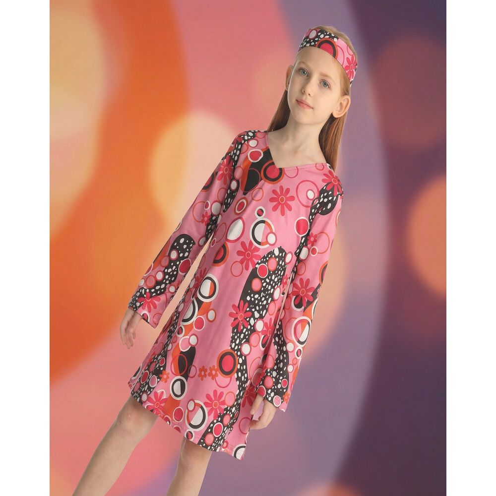 Disfraz Hippie Ni&ntilde;a A&ntilde;os Sesenta Con Vestido Psicod&eacute;lico Para Carnaval, Halloween, Fiesta Tem&aacute;tica Y Teatro image number 3.0