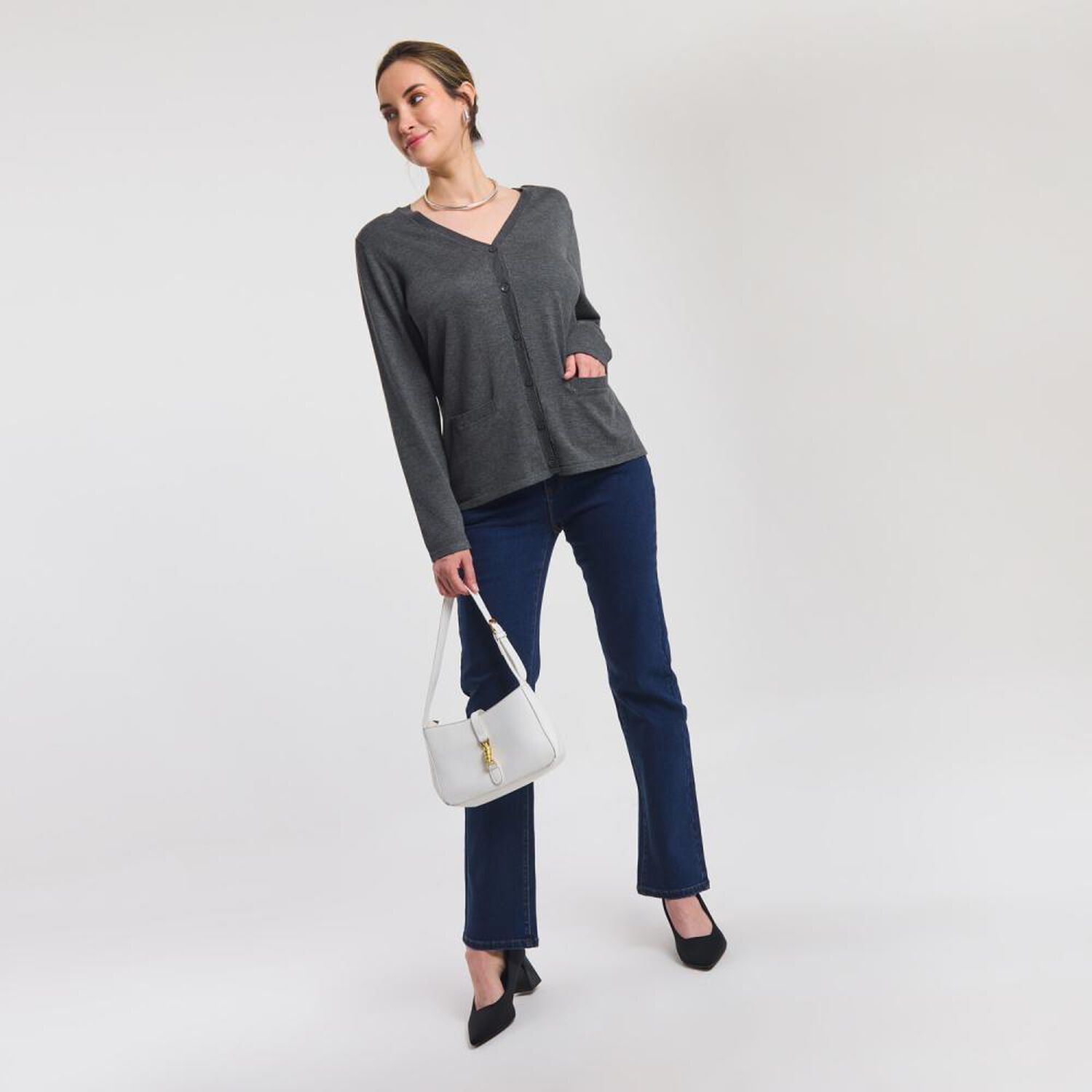 Sweater Abotonado Con Bolsillos Manga Larga Cuello V Mujer Lesage image number 1.0