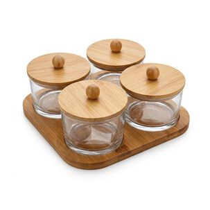 Set De 4 Frascos De Vidrio Con Tapa De Bamb&uacute; Y Base