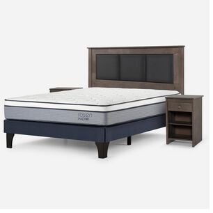 Cama Europea Rosen Indie / 2 Plazas / Base Normal  + Set Maderas Rachel Gris