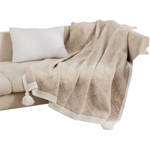 Manta Decorativa Diseño Rombos Medida 130x150cm Con Pompones Café Mc1-5