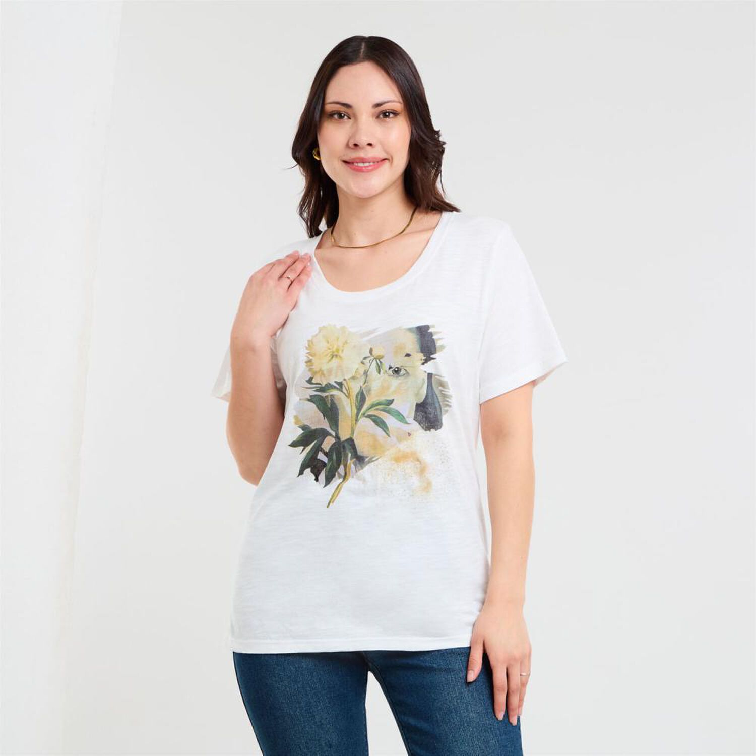 Polera Lisa Estampado Delantero Manga Corta Cuello Redondo Mujer Sexy Large image number 0.0
