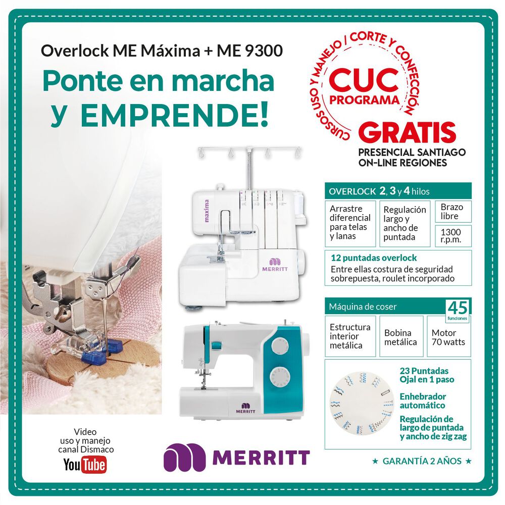 Combo Merritt M&aacute;quina De Coser Me 9300 + M&aacute;quina Overlock Max image number 1.0