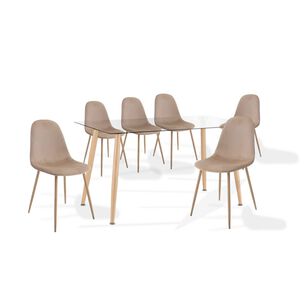Comedor Mesa De Vidrio 120x80 + 6 Sillas Spoon Terciopelo Beige