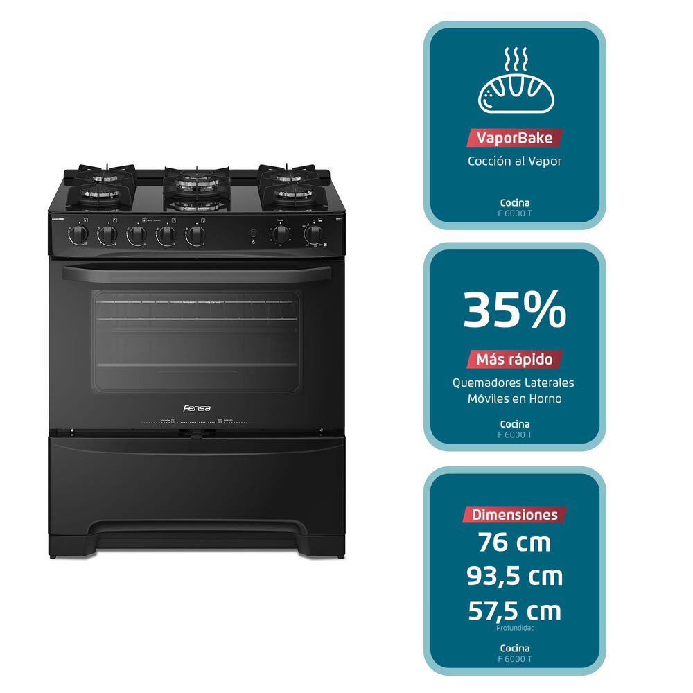 Cocina A Gas 5 Platos Fensa Vaporbake F 6000 T Negra image number 1.0