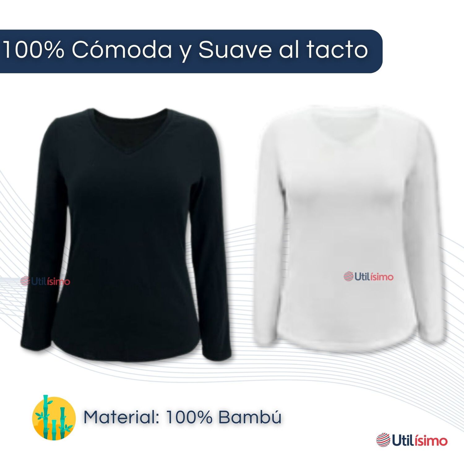Pack 3 Camisetas Manga Larga Cuello V Bamb&uacute; Mujer Primera Capa Blanco Y Negro image number 3.0