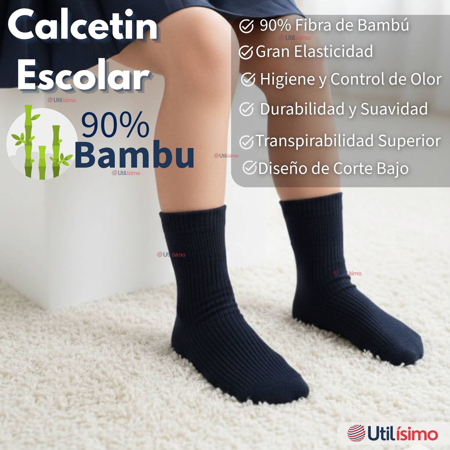 Pack 6 Calcet&iacute;nes Escolares Corto Bamb&uacute; Azul Ni&ntilde;os Y Ni&ntilde;as image number 1.0