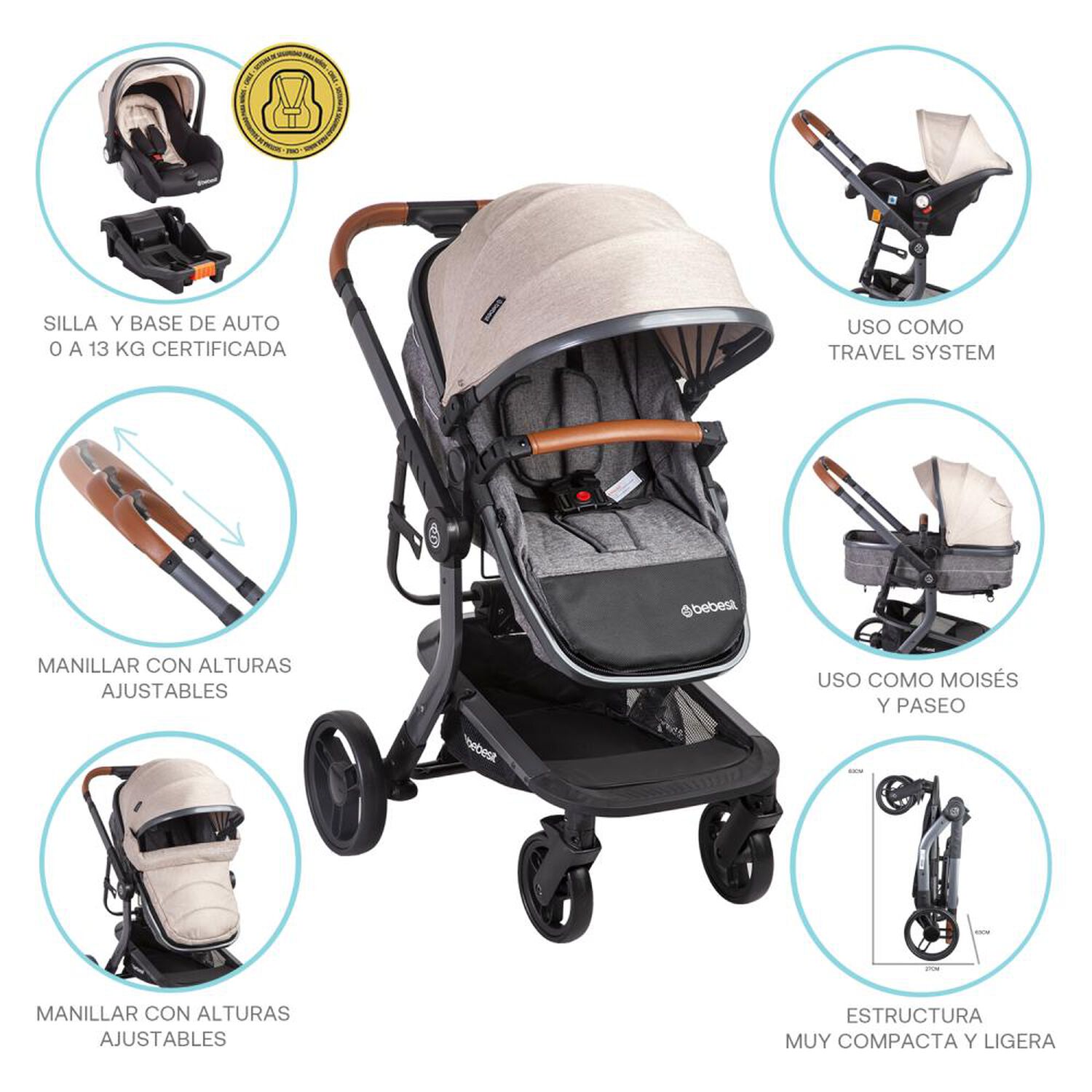 Coche Cuna Travel System Bebesit Taurus Beige image number 9.0
