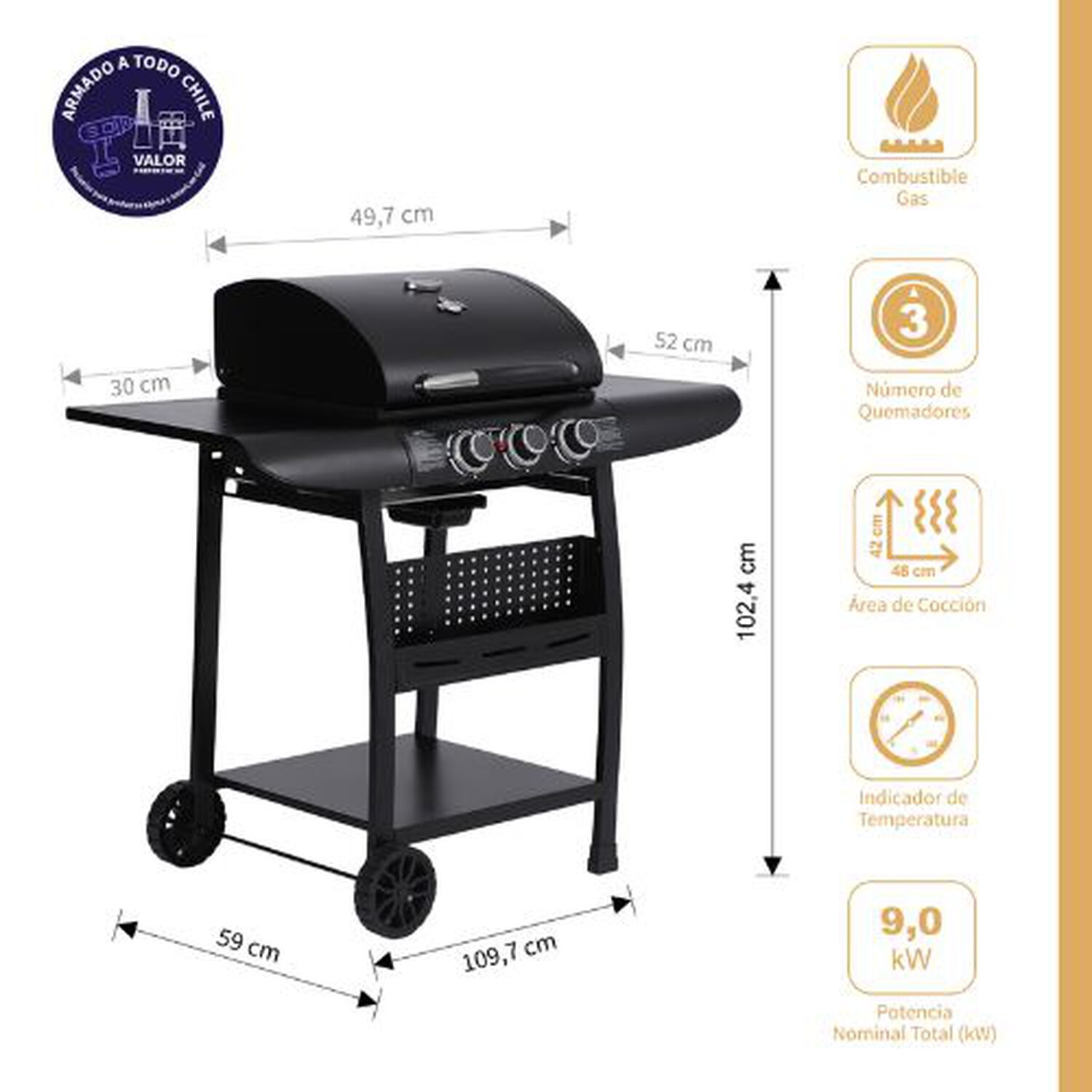 Set Parrilla A Gas 3 Quemadores Kansas Black + Funda S image number 2.0