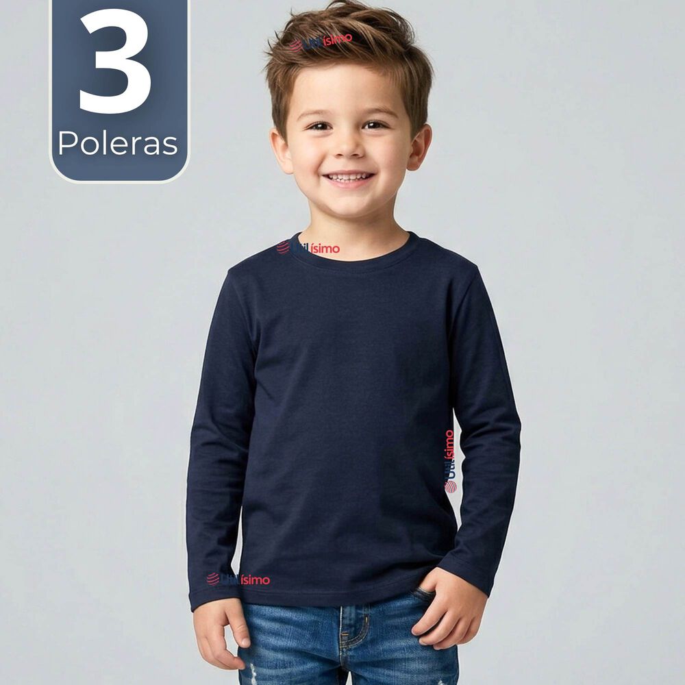 Pack 3 Poleras Camisetas Bamb&uacute; Azul Oscuro Cuello Redondo Primera Capa Manga Larga Ni&ntilde;o image number 0.0