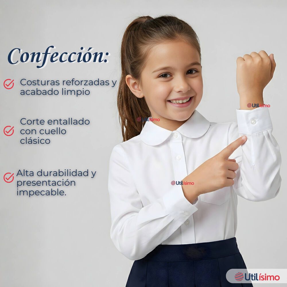 Pack 3 Blusas Escolar Camisa Blanca Manga Larga Colegio Para Ni&ntilde;as image number 3.0
