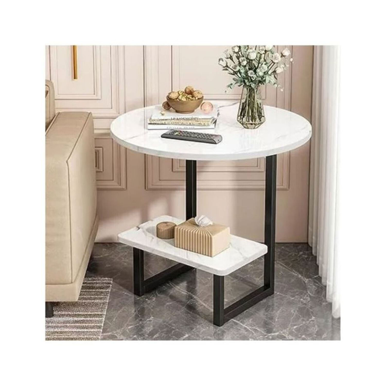 Mesa Auxiliar M&aacute;rmol Para Sof&aacute; Mesa Esquinera De 2 Nivel Blanco image number 2.0