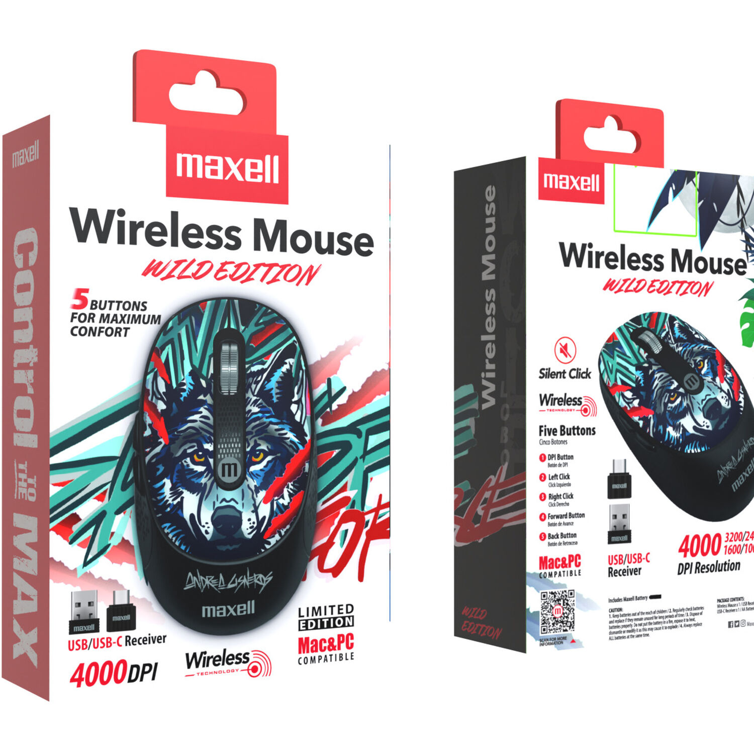 Mouse Inal&aacute;mbrico Maxell Dise&ntilde;o Wild 4000dpi Usb/usb-c Lobo image number 2.0