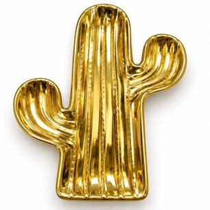 Bandeja Decorativa Cactus Dorada De Cer&aacute;mica Con Acabado Brillante